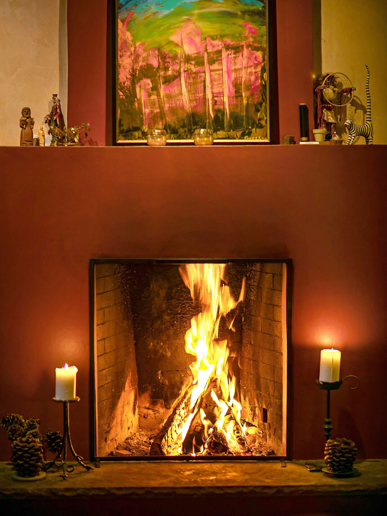 Blazing hearth at the Hays' home.